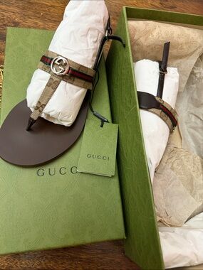 Gucci Brown Leather & GG Canvas Thong Sandals with Green-Red Web